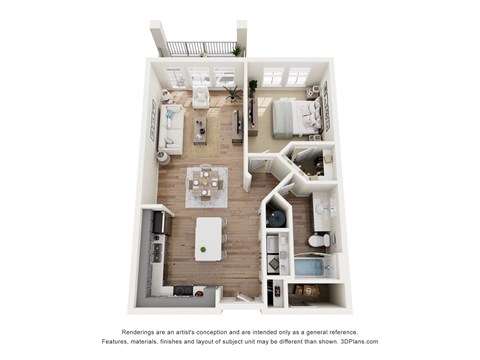A 3D floor plan of a small apartment with a kitchen, living room, and bedrooms at The Lofts at Seacrest Beach in Rosemary Beach, FL.